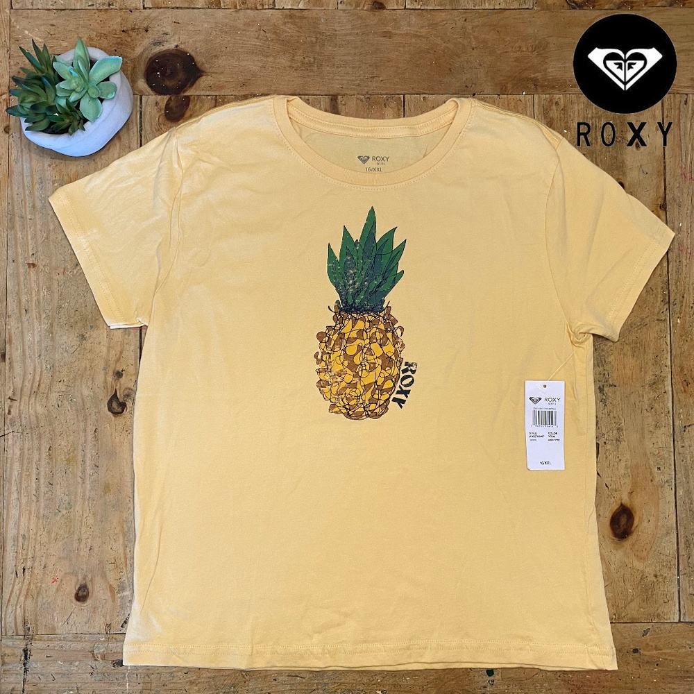 NWT ~ ROXY Pineapple T-shirt shirt cute surfer girl top yellow Kids 16 junior S